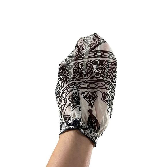 Hale Bob Sz Small Paisley Black & White Print Tassel Tie Front Chiffon Blouse Ov - Picture 10 of 12